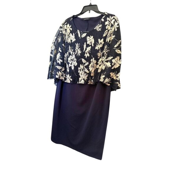 MARINA Womens Navy Blue Gold Sheer Capelet Overlay Dress Plus Sz 2X New - Picture 3 of 9